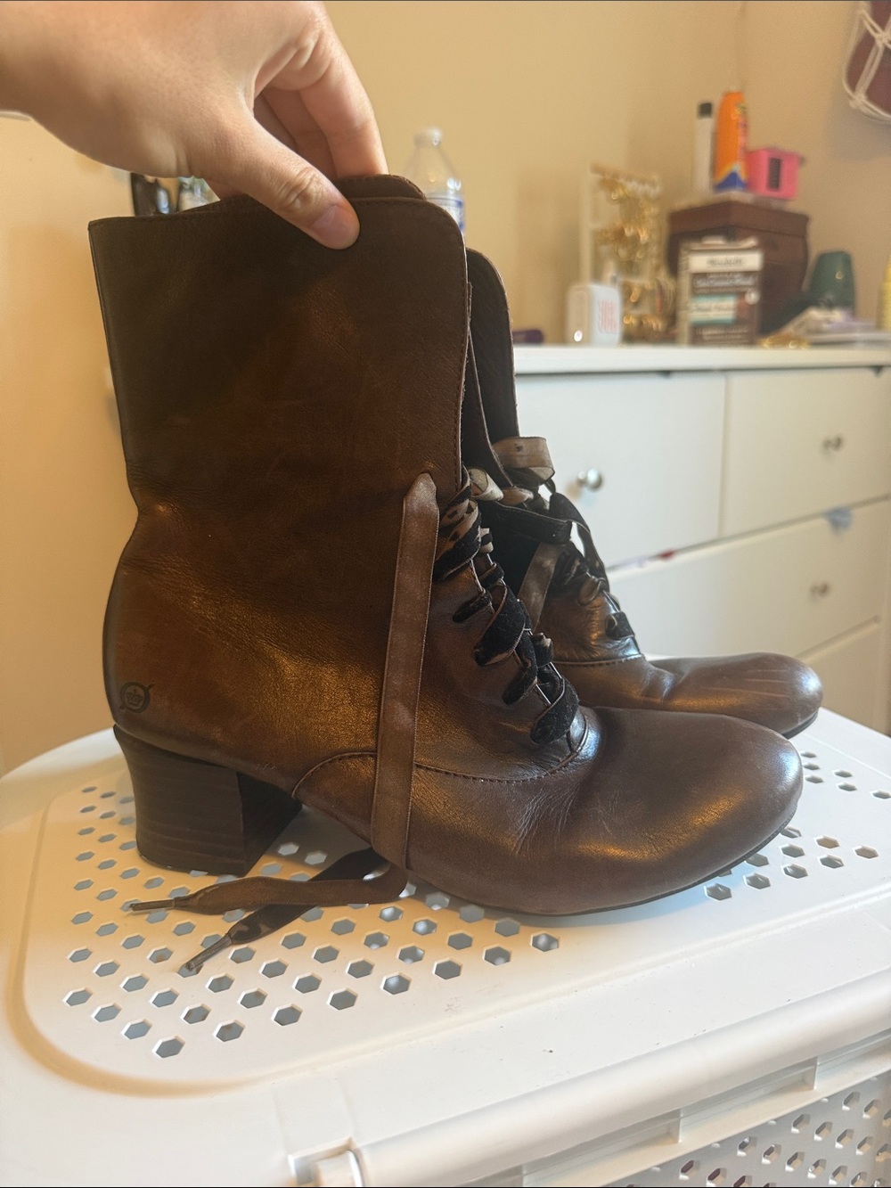 Born Brown Leather Lace-Up Mid-Heel Ankle Boots